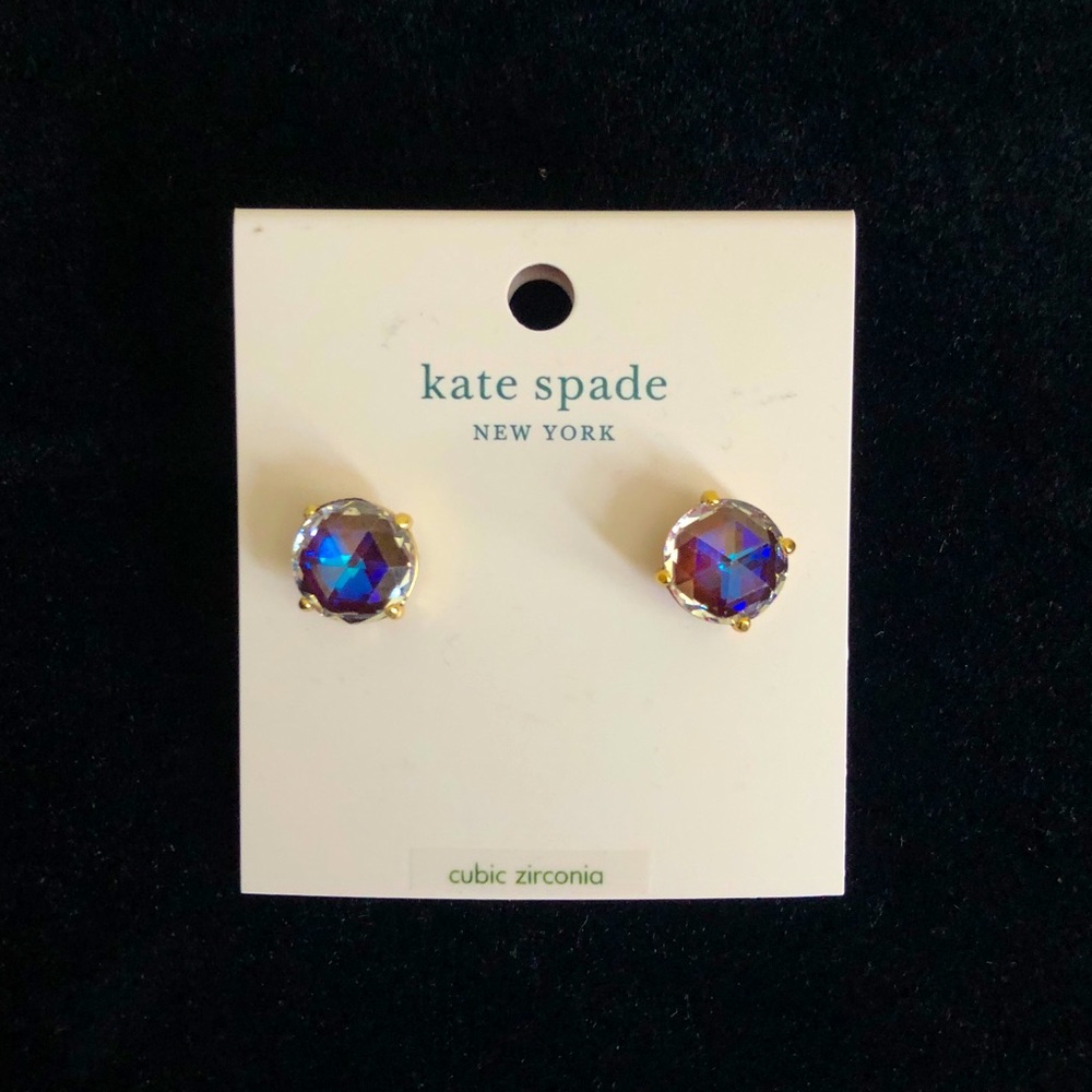 NWT! Kate Spade “Bright Lights” iridescent Stud Earrings, Purple-Blue/Gold